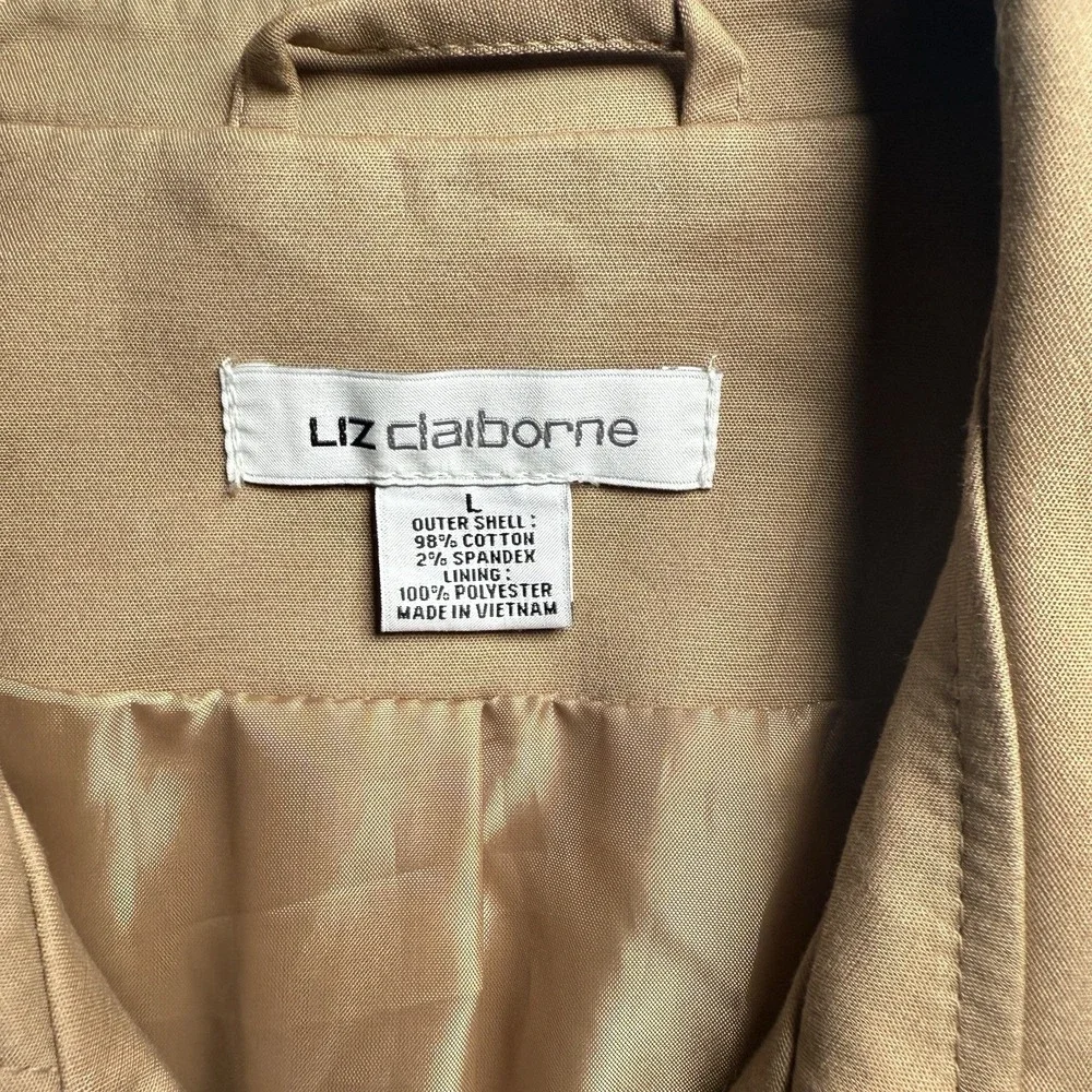 Liz Claiborne Women's Large Trench Coat Tan Cotton Blend Double‎ Breasted NWOT